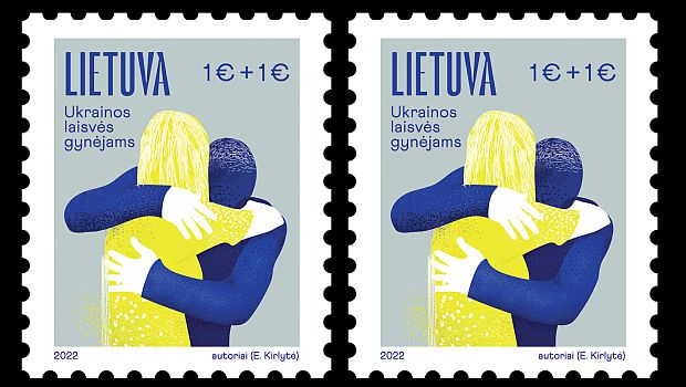 Der Siegerentwurf der litauischen Briefmarke für die Ukraine zeigt eine gelbe Frau und eine blaune Mann, die sich umarmen.
